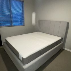 Modern Upholstered Bed Frame – Gray – Like New Including Mattress 