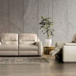 Brand New Taupe Italian Leather Power Reclining Sofa & Loveseat 