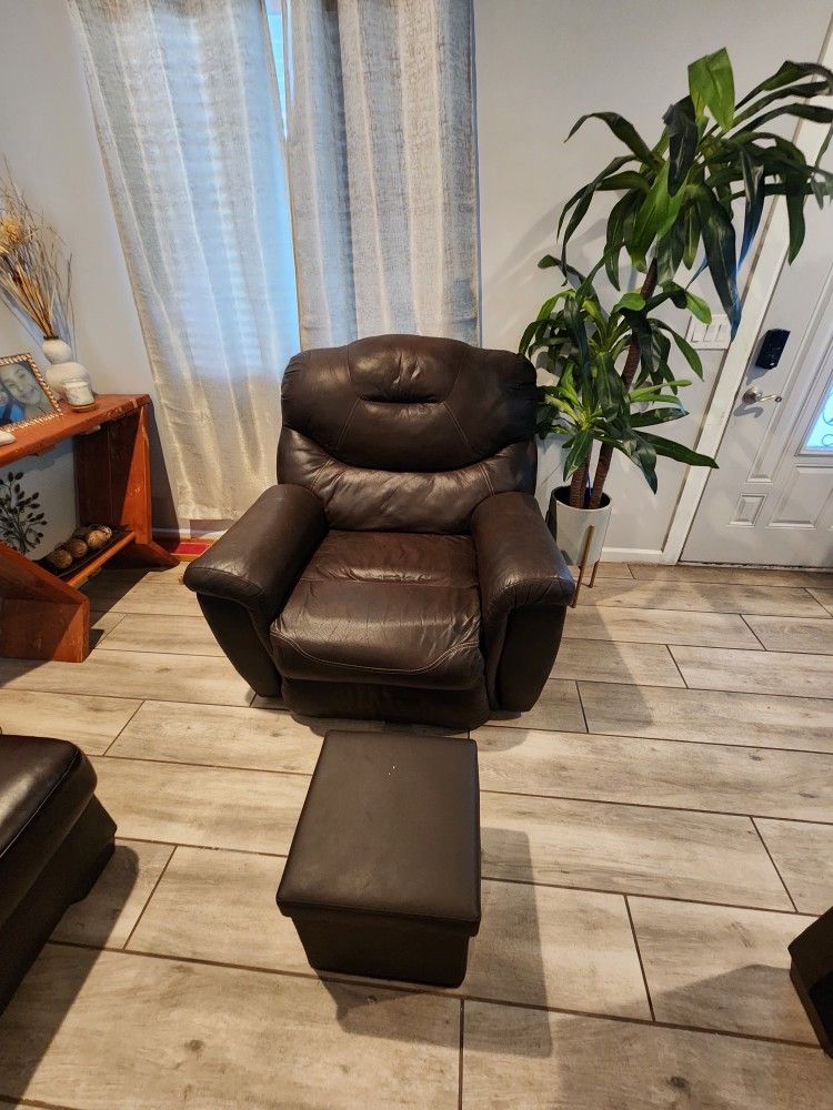 Sectional Leather Included Recliner With A Small Storage Ottoman