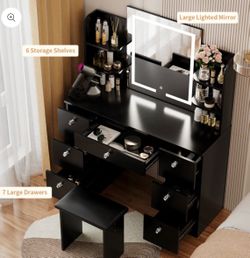 43" Vanity Desk With LED Lighted Mirror And Power Outlet, Makeup Vanity Table With Stool, 7 Drawers & 6 Shelves, 3 Color Light & Adjustable Brightness