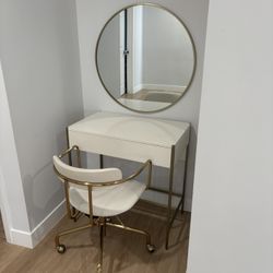 Modern White Vanity Desk w/ Chair & Gold Round Mirror – Set