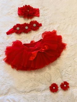 Newborn Baby Photo Prop Red Tutu Outfit– Skirt, Headband, Floral top & Barefoot Sandals