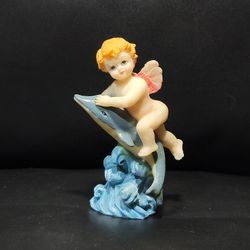 Vintage Resin Angel Collectible Cherub Figurine with Dolphin Peach Pink Wings