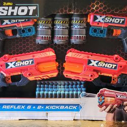 Zuru X-Shot 4 Gun Bundle -  2x Reflex 6 & 2x Kickback with 48 Foam Darts NEW