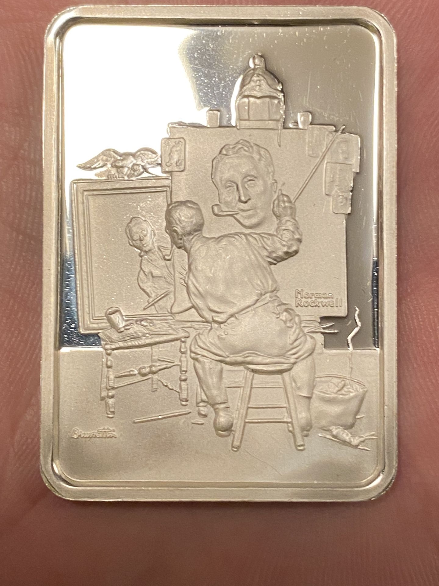 1976 Norman Rockwell "Triple Self Portrait" loz 999 Silver Bar by Hamilton Mint