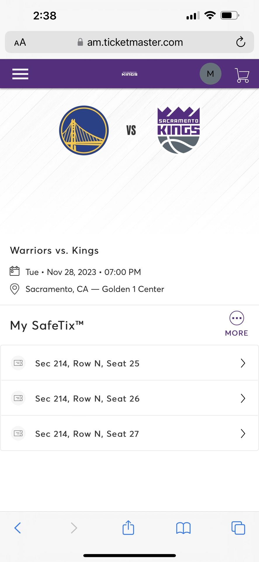 Kings vs Warriors (11/28) 3 Seats