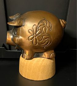 Vintage 1950'S Rochester Savings Bank Flower Decorated Metal Pig Still Bank