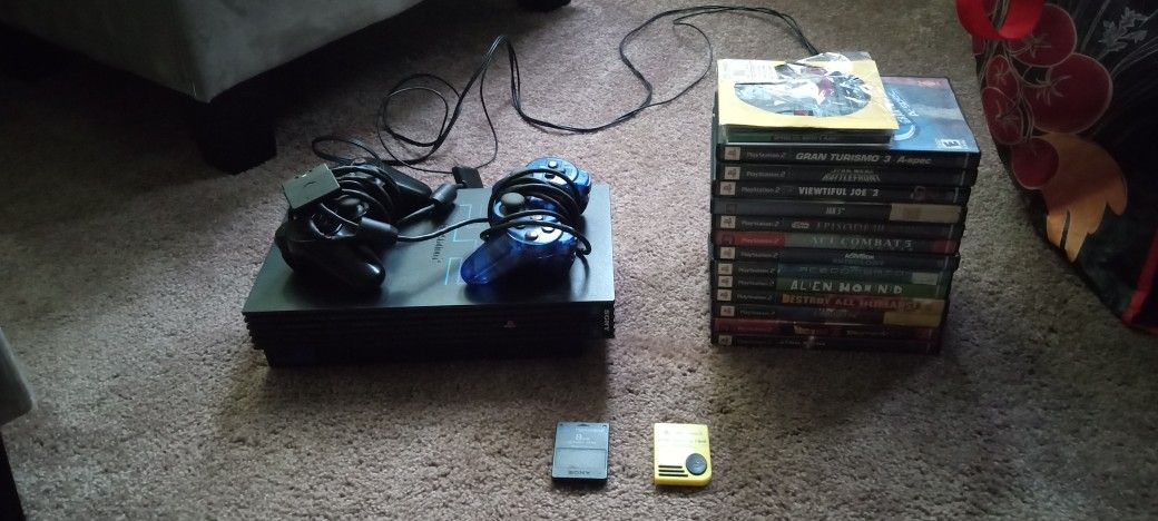 Playstation 2 (Original Fat Black) w/ Two Controllers Etc.