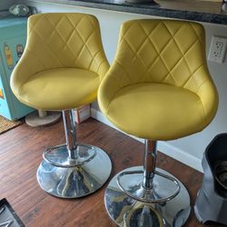 Yellow Vinyl Bucket Seat Adjustable Height Barstools with Diamond Pattern Back and Chrome Base (2)