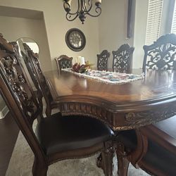8 Seat, Dining Table, Set Leather Chairs With Design, Beautiful Wood Table 