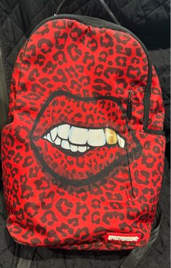 Leopard Sprayground Backpack Red With Golden Tooth Lips & Teeth Infront Limited