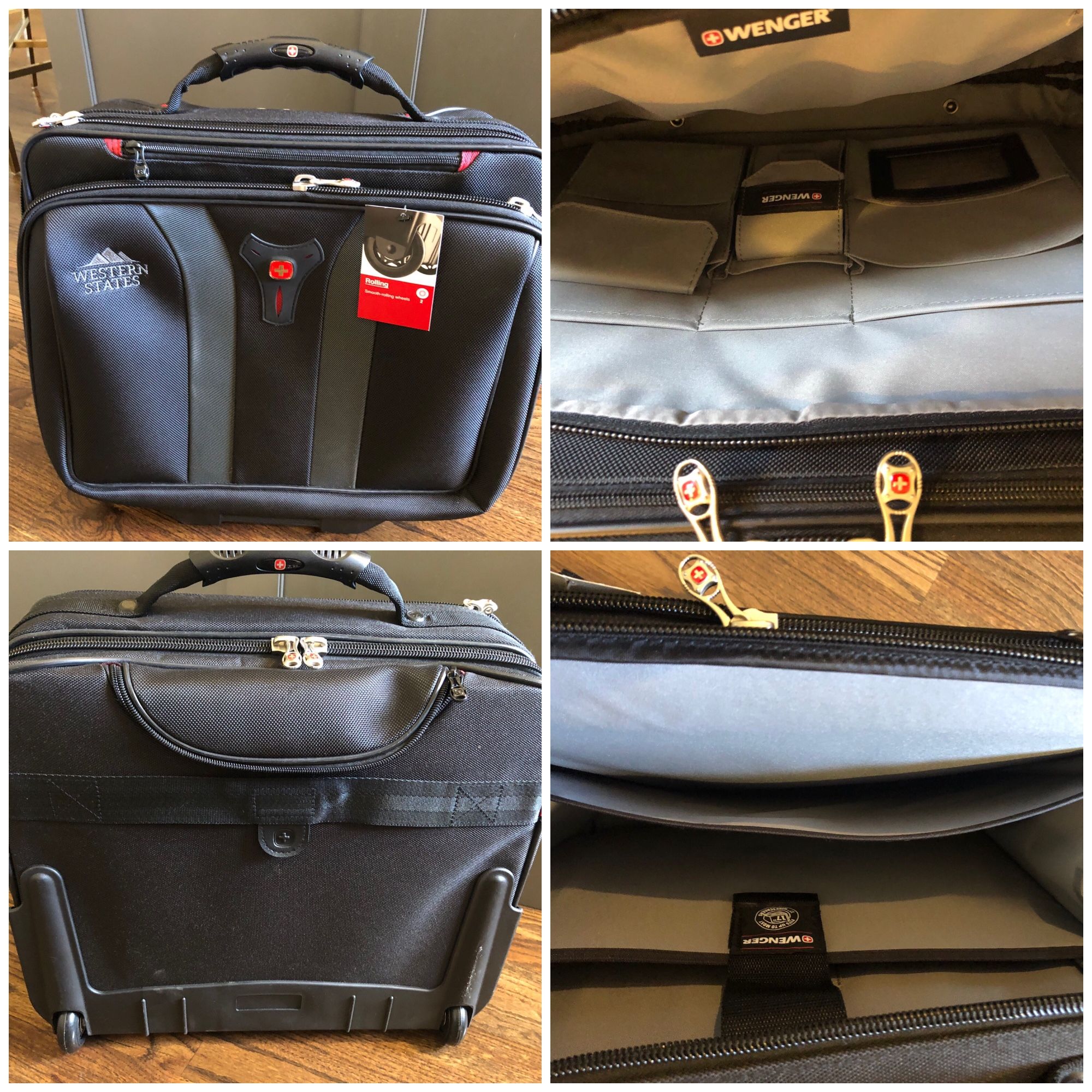 Brand new rolling carry-on briefcase/suitcase. The measurements are: 18 in wide, 16 in tall (not including handle), 8 in deep. Venmo to hold located i