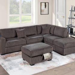 Brown Sofa Sectional w/ Storage Ottoman 