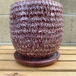 6” Round Textured Glazed Ceramic Pot Planter With Saucer