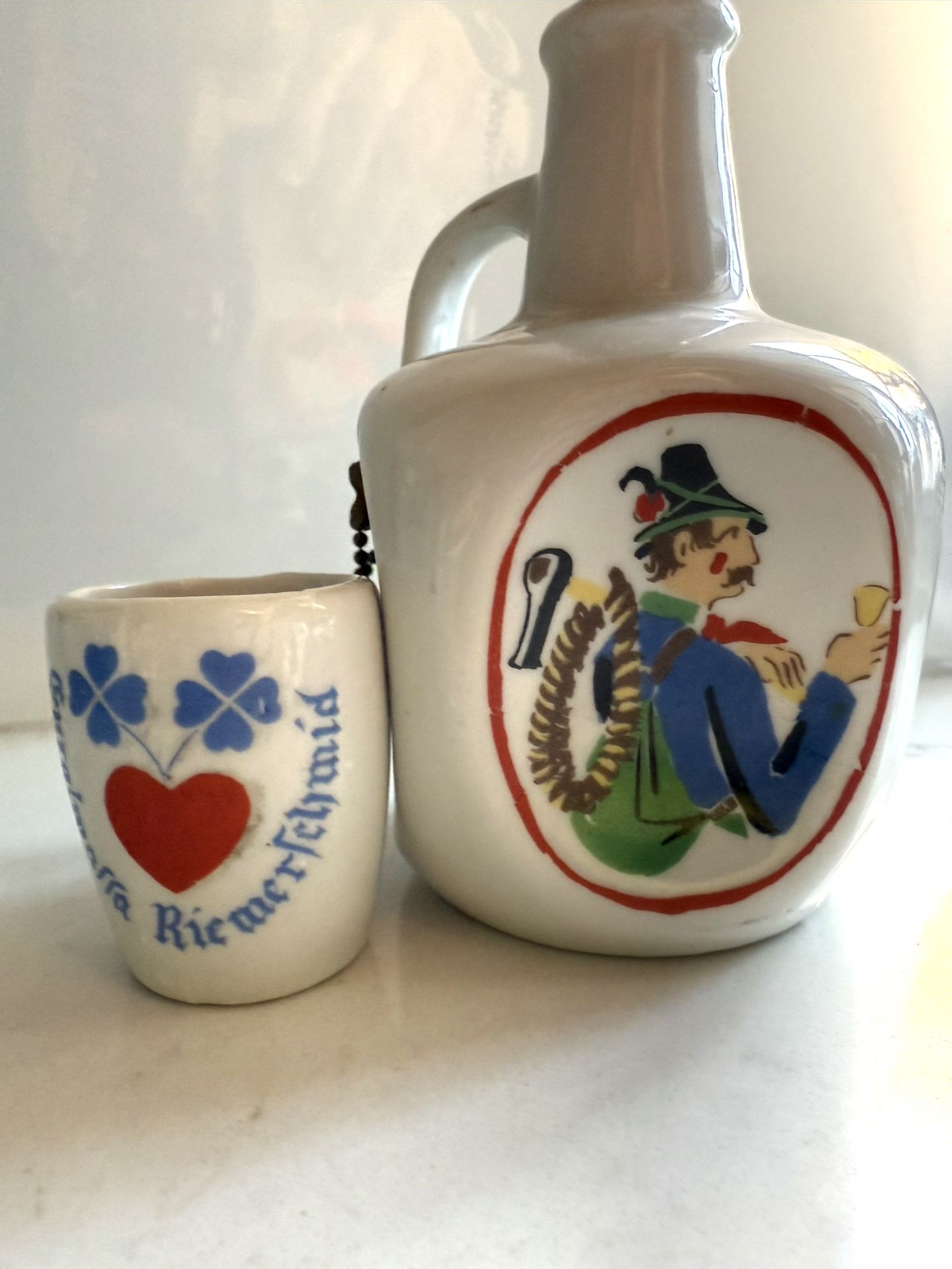 Vintage Anton Riemerschmid Porcelain Small German Liqueur Bottle Jug with Cup - Different Painting on all 4 Sides