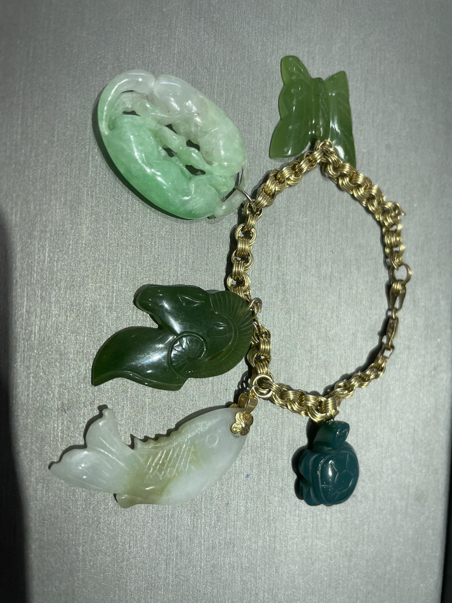 14k Yellow Gold Charm Bracelet with 5 Jade Charms (missing the 6th)
