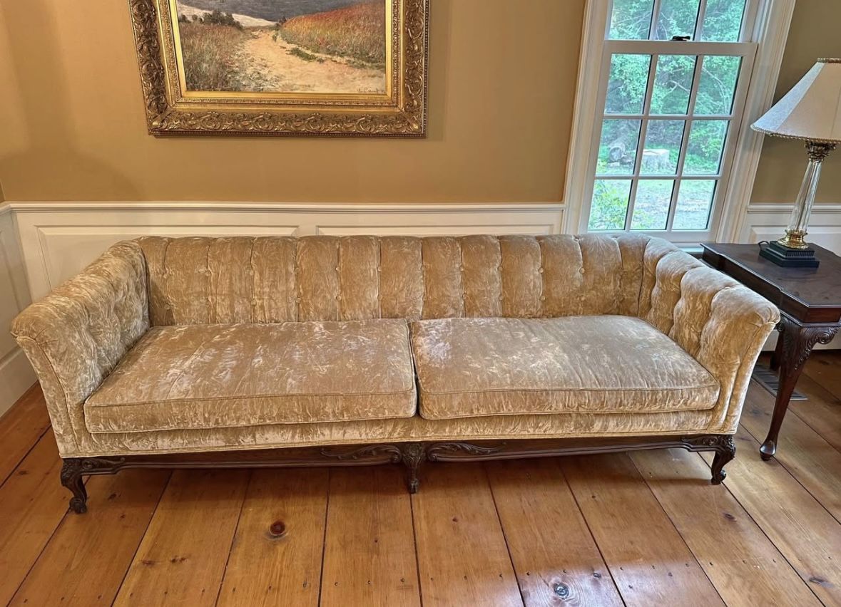 Vintage Heritage Crushed Gold Velvet Sofa with Carved Wood Legs
