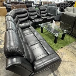 Black Recliner Sectional With Bluetooth Speaker And LED Lights