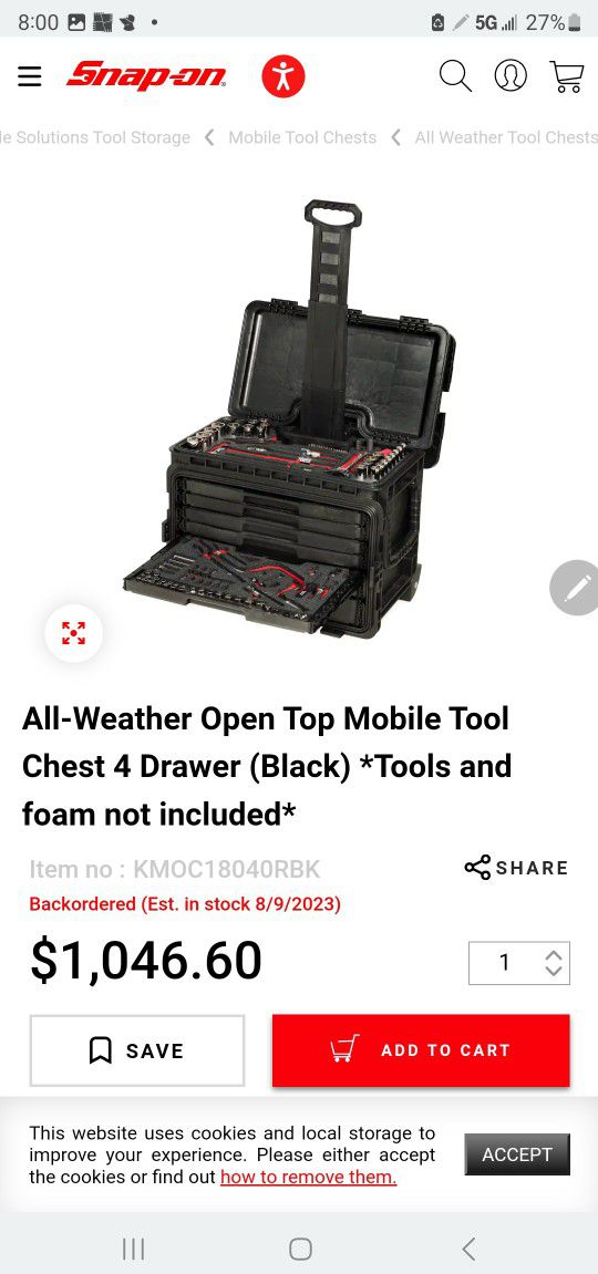 Snap-On Black All-Weather Top Mobile Tool Chest 4 Drawer