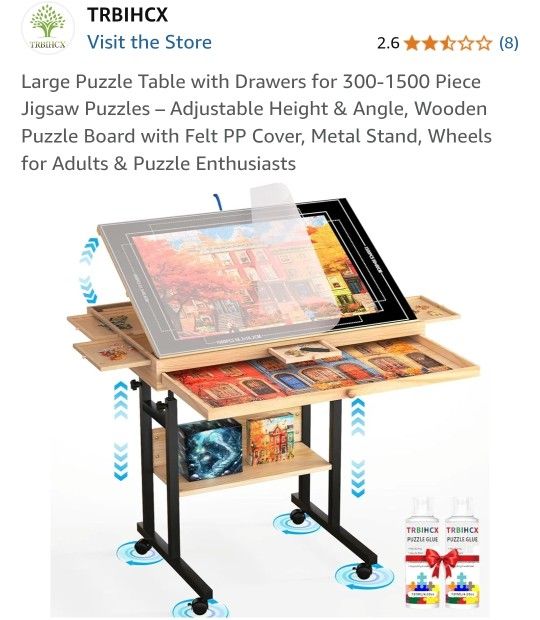 Large Puzzle Table with Drawers for 300-1500 Piece Jigsaw Puzzles – Adjustable Height & Angle, Wooden Puzzle Board with Felt PP Cover, Metal Stand, Wh
