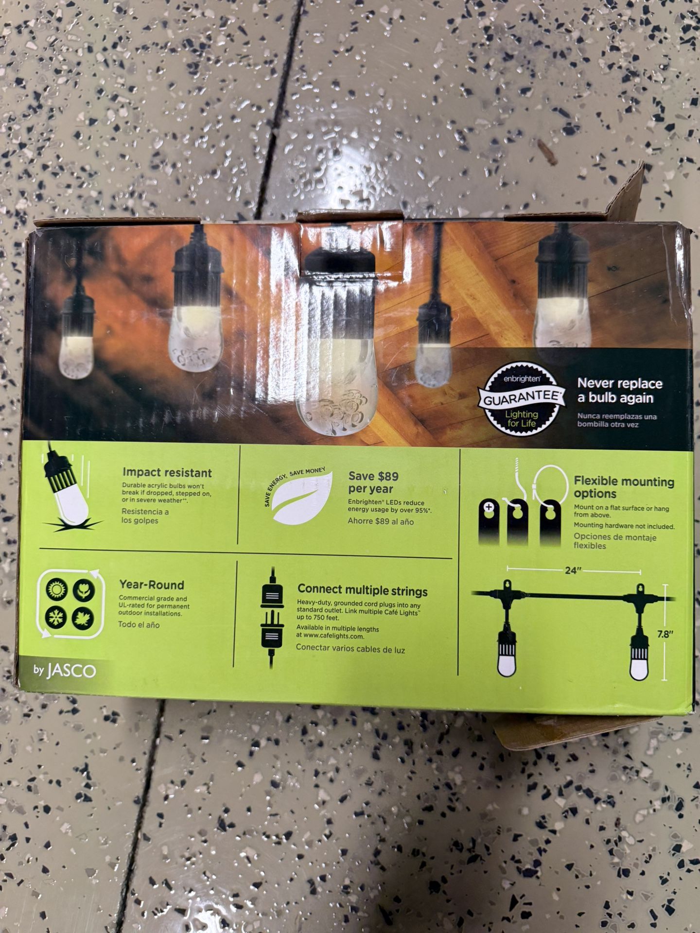 Enbrighten Classic Warm White 2700K String Lights, 36ft Black Cord, 18 Shatterproof, Acrylic Weatherproof bulbs. New, Never used still in box.