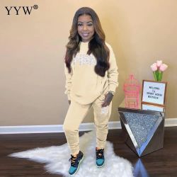 Pink Letter Print Women Two Pieces Set Female Jogger Tracksui