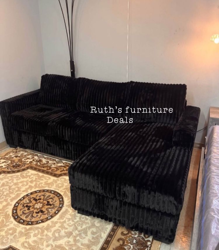 2-pc Sectional Sofa Set Black Fur- Like Jumbo Corduroy Brand New