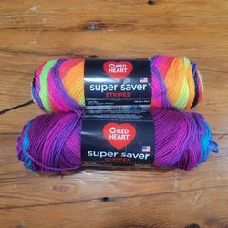 Lot of 2 Skeins Red Heart Super Saver Yarn: Polo Stripe & Rainbow Stripe ~ Used