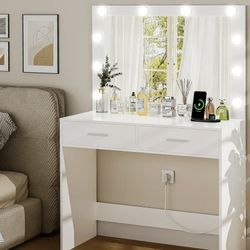 Vanity Desk with Mirror, Makeup Table with 2 Large Drawer 3 Color Modes Adjustable Bulb with Bench 