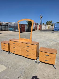 Mid-Century Dresser with Mirror and Two Nightstands