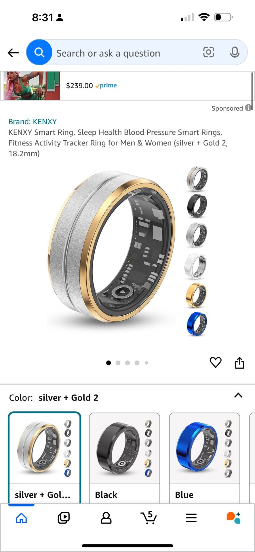 Brand: KENXY KENXY Smart Ring, Sleep Health Blood Pressure Smart Rings, Fitness Activity Tracker Ring for Men & Women (silver + Gold 2, 18.2mm)