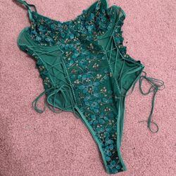 New Medium green sheer embroidered embelished floral bodysuit festival lingerie