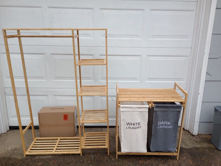 Bamboo Storage And Shoe Rack With Laundry Sorter With Bench Top