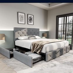 Upholstered Queen Size Platform Bed Frame with 4 Storage Drawers and Headboard