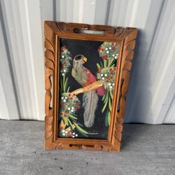 VTG Mexican Feather Craft Home Decor Bird Art Wood Handmade Frame.Accent
