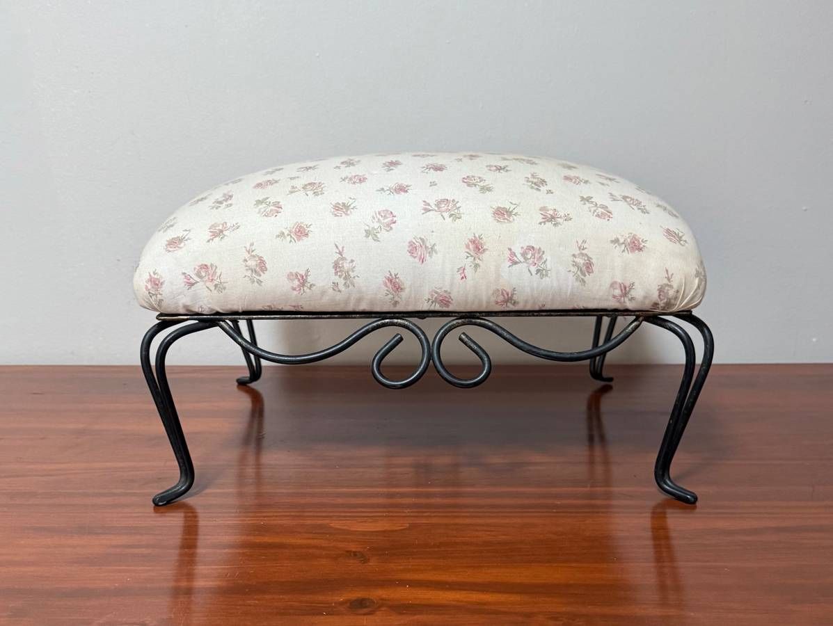 Vintage Wrought Iron Padded Footstool Ottoman
