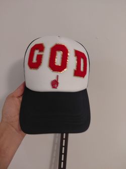 "Handmade Black & White Faith Trucker Hat – Customizable Chenille 'GOD' Design"