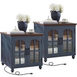 New in box Farmhouse 24" End Table Set of 2 with Charging Station, Large Sofa Side Table with Glass Barn Door,Wood Night Stand with Adjustable Storage