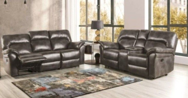 Brand New Grey Leather Reclining Sofa & Loveseat