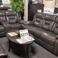 Brand New Gray Leather Or Linen Manual Reclining Sofa + Loveseat With Cup Holder 2PCs Set