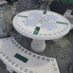 Concrete Stone Mosaic Picnic Table with 3 Benches/ Outdoor Patio Furniture