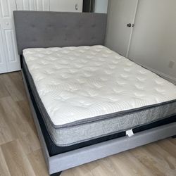 Queen Bed With Gray Cloth Bed Frame - Good Condition. NEEDS TO GO ASAP!