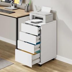 4-Drawer Chest, Wood Storage Cabinet with Wheels, Rolling Pedestal Under Desk Drawer for Home Office Legal/Letter/A4 Size White  Color White Material 