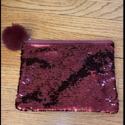 Burgundy Sequined Zippered Pouch with Pom Pom 