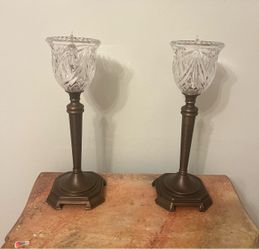 Pair of Bronze Candlestick lamps with Crystal Globes