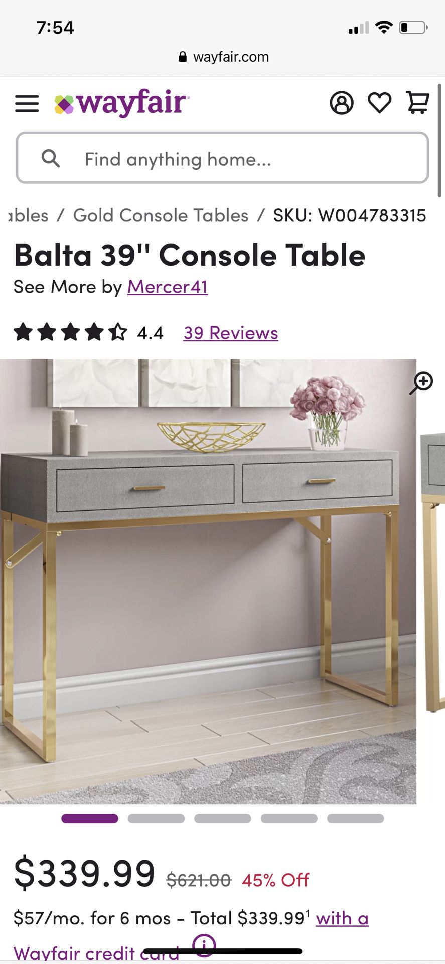 Grey and Gold Entryway Console Table