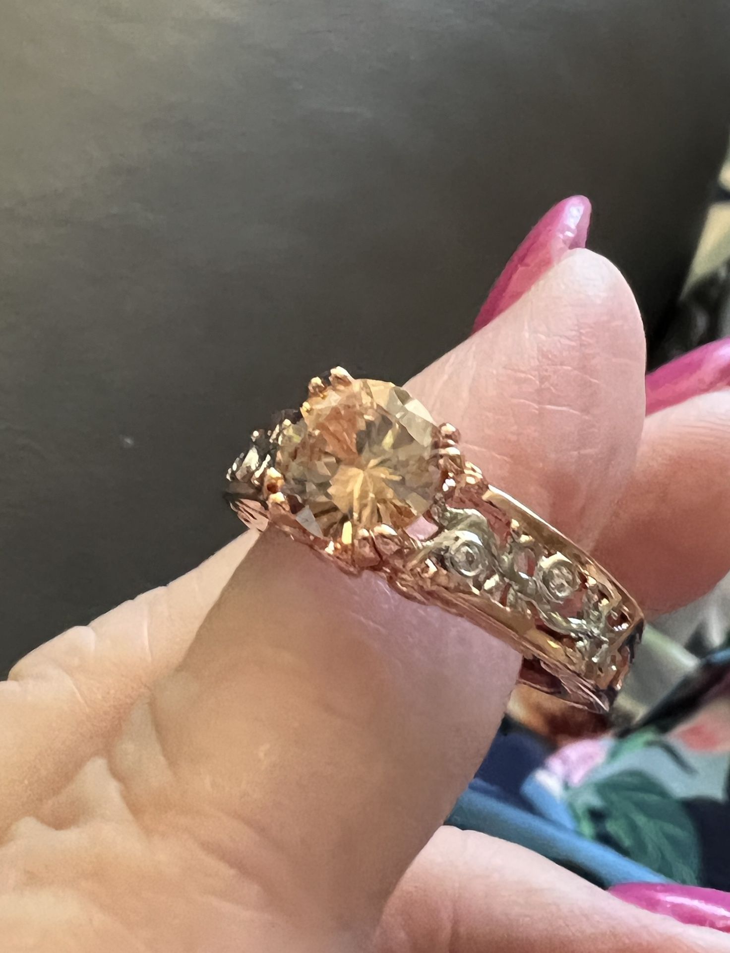 Sparking Peach Stone Intricate Rose Gold Plated Band S 7