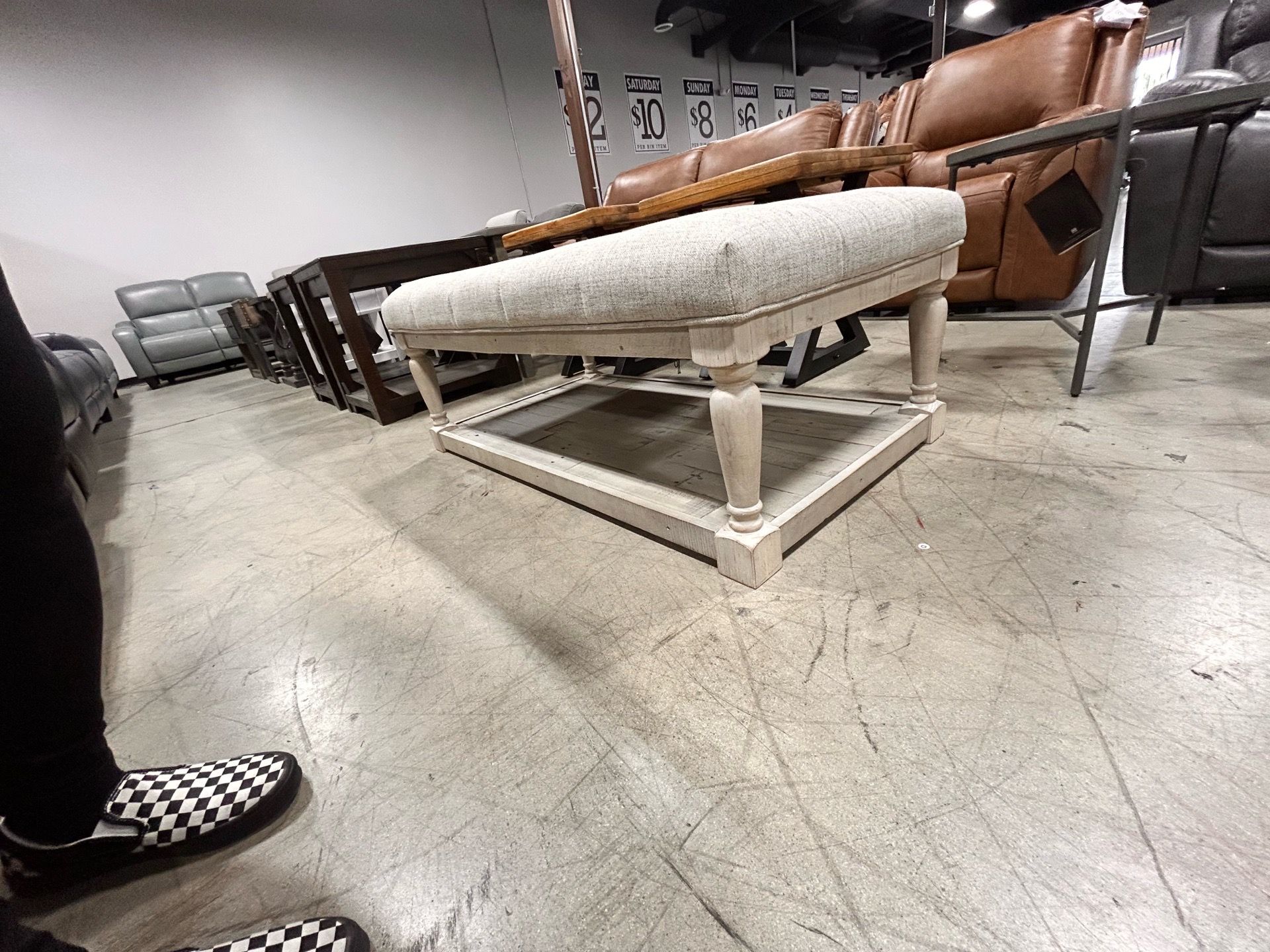 Gray- ottoman- cocktail table - farmhouse style