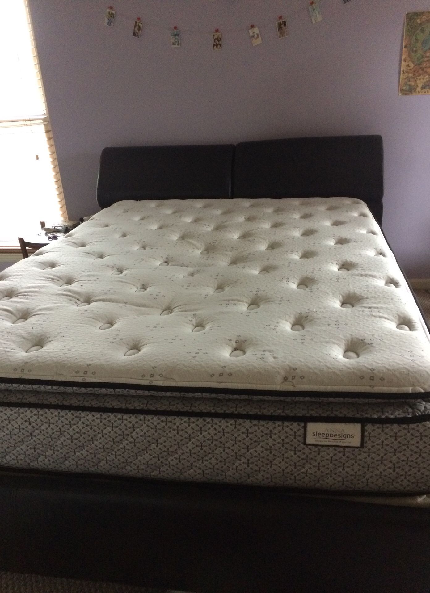 Queen size bed w/headboard and frame. Very good condition. No stains on mattress or tears on leather on leather , $650