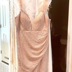 Pink Sequin Dress With Feathers Size Large Long